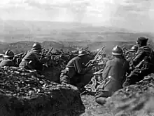 Greek soldiers at Afyonkarahisar, 1922, Greco-Turkish War (1919–1922). The soldiers wear Adrian helmets and third from left is armed with a Chauchat machine gun.