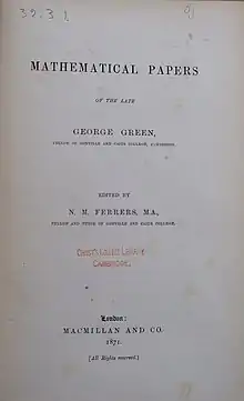 Title page of a 1871 copy of the "Mathematical Papers of the Late George Green"