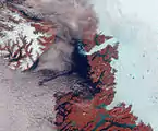 This false colour satellite image shows blue melt ponds in Greenland