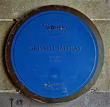 A blue plaque commemorating Grisell Jaffray, the last woman to be executed as a witch there. The plain blue disc has the words Dundee Women's Trail along the top and the logo of the National Lottery at the bottom. Across the centre, it reads 'Grissel Jaffray, Spaewife, ?-1669'.