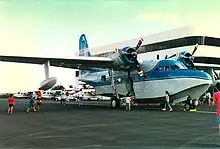 Large plane with twin engines at the top of the fuselage