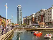 Canalside looking towards the Plaza. The small roofed building right of centre was a guardhouse for the bridge which linked the two halves of the site.