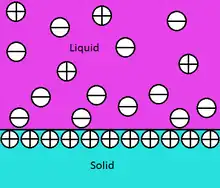 A diagram of a solid containing a line of positive charge bordering a liquid containing both negative and positive charges