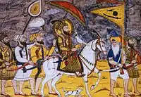 19th century painting depicting Guru Gobind Singh with followers carrying Basanti flag with emblems