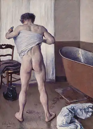 Image 11Homme au bainPainting: Gustave CaillebotteHomme au bain  ("Man at His Bath") is an oil painting completed by the French Impressionist Gustave Caillebotte in 1884. The canvas measures 145 by 114 centimetres (57 in × 45 in). The painting was held in private collections from the artist's death until June 2011, when it was acquired by the Museum of Fine Arts, Boston. Interpretations of the painting and its male nude have contrasted the figure's masculinity with his vulnerability.More selected pictures