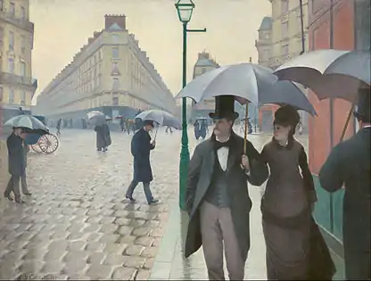 Paris Street; Rainy Day; by Gustave Caillebotte; 1877; oil on canvas; 2.12 x 2.76 cm; Art Institute of Chicago