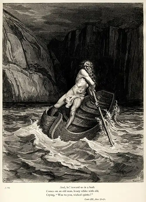 Image 10Divine ComedyRestoration: Adam CuerdenAn engraving of Charon, in Greek mythology the ferryman of Hades who carried souls of the newly deceased across the River Styx that divided the world of the living from the world of the dead. This illustration is from French engraver Gustave Doré's 1857 set of illustrations for Dante Alighieri's Divine Comedy, an Italian epic poem depicting an allegorical vision of the Christian afterlife. Here, Charon is shown coming to ferry souls across the river Acheron to Hell. The caption is from Henry Francis Cary's translation, from which this particular copy is taken:And, lo! toward us in a bark  Comes on an old man, hoary white with eld,  Crying "Woe to you, wicked spirits!"More selected pictures