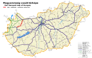 Route map of railways in Hungary showing the Győr–Celldömölk railway line