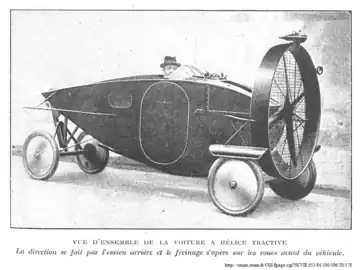 (Vue d'ensemble de la voiture a Hélice Tractive. La direction se fait par l'essieu arriere, et le frienage s'opere sur les roues avant du vehicule.) General view of the car with Tractive Propeller. The steering is by the rear axle, and the breaking operates on the front wheels of the vehicle.(La science et la vie, Tome 18. n. 53. Octobre-Novembre 1920 - Article d'Édouard Beaugrand.)