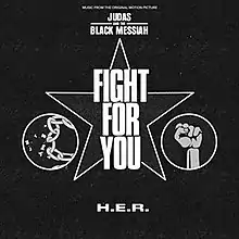 Single cover for "Fight for You". In the middle, the name of the single is in front of a star. To its left, a chain is being broken and to the right a fist is being raised. Above and below the star, respectively, the name of the film and the name of the singer are written.