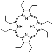 Octaethylporphyrin (H2OEP) is a synthetic analogue of protoporphyrin IX.  Unlike the natural porphyrin ligands, OEP2− is highly symmetrical.