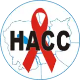 HACC logo, an AIDS ribbon over a map of Cambodia