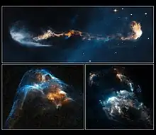 HH 1/2 (top), HH 34 (left), and HH 47 (right) were numbered in order of their discovery; it is estimated that there are up to 150,000 such objects in the Milky Way.