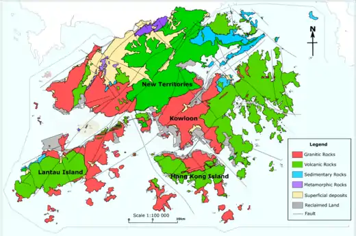 A Geographical Map showing the types of rocks in Hong Kong. It shows that Kowloon Peak consists of volcanic and granitic rocks.