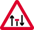 Left lane only ahead on two-way road (Red bar indicates that lanes are closed)