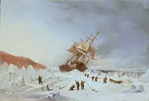 A painting of a sailing ship stuck in sea ice, with men on the ice attempting to break the ship free by pulling ropes