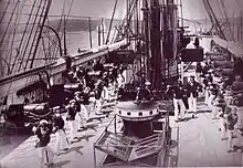 A cutlass drill on HMS Wolverine, 1882