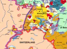 In particular, the states involved in late 1796 included, for example, the Breisgau (Habsburg), Offenburg and Rottweil (imperial cities), the princely states of Fürstenberg, Neuenburg, and Hohenzollern, the Duke of Baden, the Duchy of Württemberg, and several dozen ecclesiastic polities.  Many of these territories were not contiguous: a village could belong predominantly to one polity, but have a farmstead, a house, or even one or two strips of land that belonged to another polity. The light cream-colored territories are so subdivided they cannot be named.