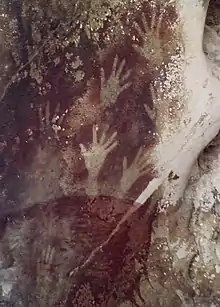 Image 75Pettakere Cave "Hand print paintings". The oldest known cave paintings are more than 44,000 years old. Maros, South Sulawesi, Indonesia (from Culture of Indonesia)