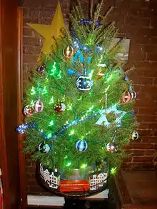 A bush decorated with ornaments including a Jewish star