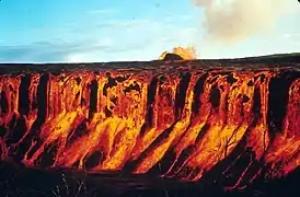 A cascade of molten lava flowing into Aloi Crater during the 1969–1971 Mauna Ulu eruption of Kilauea volcano