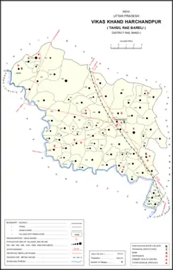 Map showing Kandaura (#217) in Harchandpur CD block