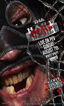 A poster featuring a white male wearing a black mask covered in barbwire.