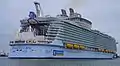 The aft of Harmony of the Seas, with the Aqua Theater and "Ultimate Abyss" slides visible