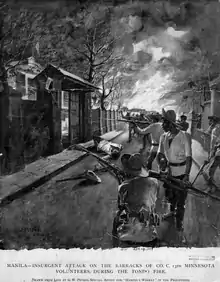 Attack on the barracks of Company C of the 13th Minnesota Volunteers by Filipino forces during the Tondo Fire in Manila, 1899