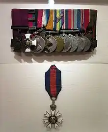 A group of eleven court mounted military medals are displayed in the top half, while a solitary twelfth (the CMG—worn around the neck) hangs below.