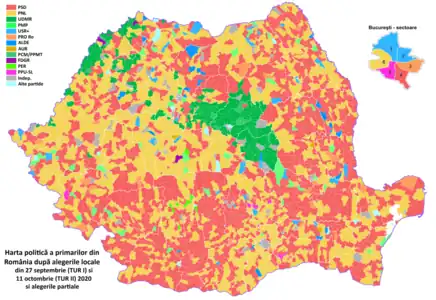 Map depicting the localities according to the colour of the elected mayor