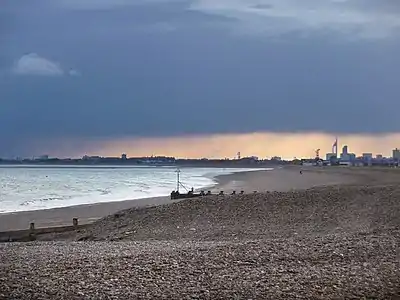 Image 77Hayling Island's mainly shingle beach with Portsmouth's Spinnaker Tower beyond (from Portal:Hampshire/Selected pictures)