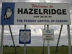 The sign claiming Hazelridge as the perogy capital of Canada