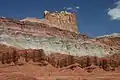 West aspect. Grayish strata is Chinle Formation, brown layer (bottom) is Moenkopi