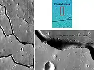 Hebrus Valles, as seen  from Themis. Since discontinuous pits and troughs are present, collapse of material into a void may have caused the troughs.