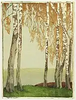 Birches, color woodcut