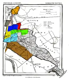 Houten in 1868. The heerlijkheden before 1795 are shown: Oud-Wulven (green), Waaijen (blue), Wulven (light blue), Heemstede (yellow), Grote and Kleine Koppel (pink and dark grey), Maarschalkerweerd (orange), and Slagmaat (red), and Odijk to the Northeast.