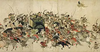 Detail of painting of very realistic warriors in faces, weapons and armor, Heiji Monogatari Emaki, 13th century