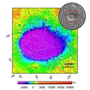 Hellas Basin Area topography. Crater depth is 7152 m (23,000 ft) below the standard topographic datum of Mars.