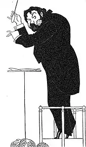 Caricature of a man in evening dress, seen from his left; he wears a large carnation in his lapel and is conducting an orchestra on tip-toe