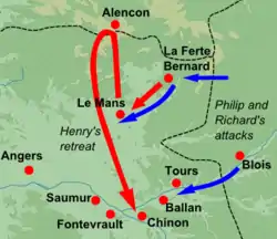 Political map relaying the military events in France in 1189.