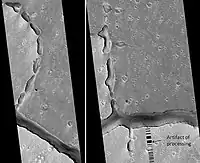 Hephaestus Fossae: two views, as seen by HiRISE.  Picture on right lies to the top (north) of other picture.  Fossa (geology) often form by material moving into an underground void.  Image located in Cebrenia quadrangle.