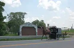 A horse and buggy going past the bridge