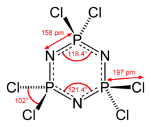 Hexachlorophosphazene, a 6-membered inorganic heterocyclic compound (aromatic).