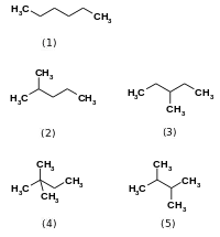 zig-zag models of hexane and four isomers