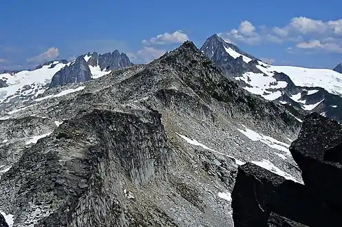 The highest of the Hidden Lake Peaks seen from the lookout with Dorado Needle (left) and Eldorado Peak (right)