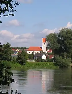 View of the Church of St. George, Hienheim, from across the Danube