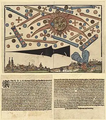 1561 celestial phenomenon over Nuremberg as printed in an illustrated news notice (described by UFO enthusiasts as an aerial battle of extraterrestrial origin and considered a sun dog by skeptics)