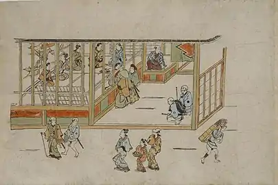 Lobby of a brothel from Yoshiwara no tei series, ca. 1680.