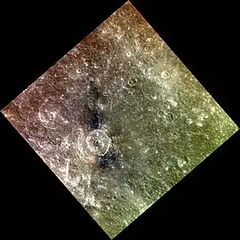 Approximate color view by MESSENGER, with Hitomaro near center.